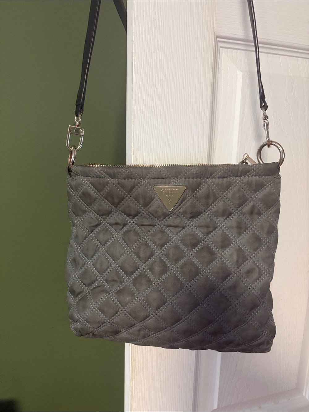 Guess Quilted Gray Crossbody Bag with Triangle Logo Plate